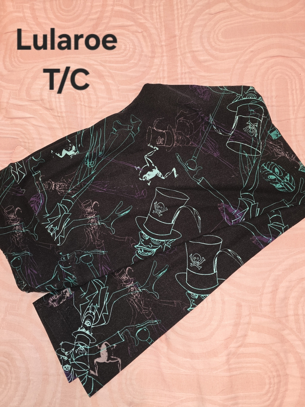 LuLaRoe T/C Black Leggings with Teal & Purple Top Hat Skull Print